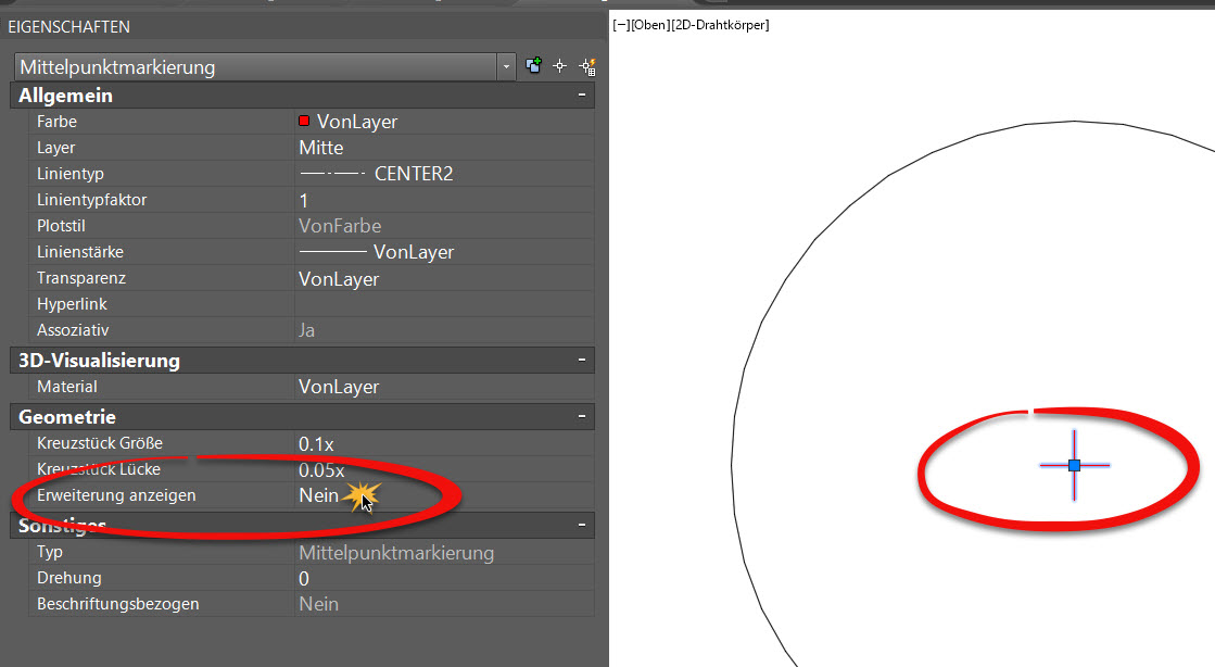 Mittelpunktmarkierung aus -AutoCAD 2017